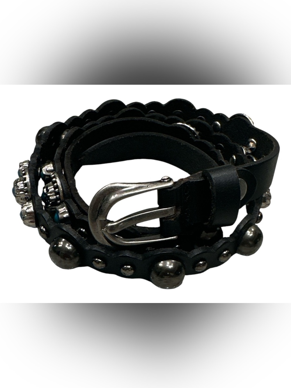 Genuine Leather Scalloped Belt SM Black Turquoise Western Boho Studded women’s